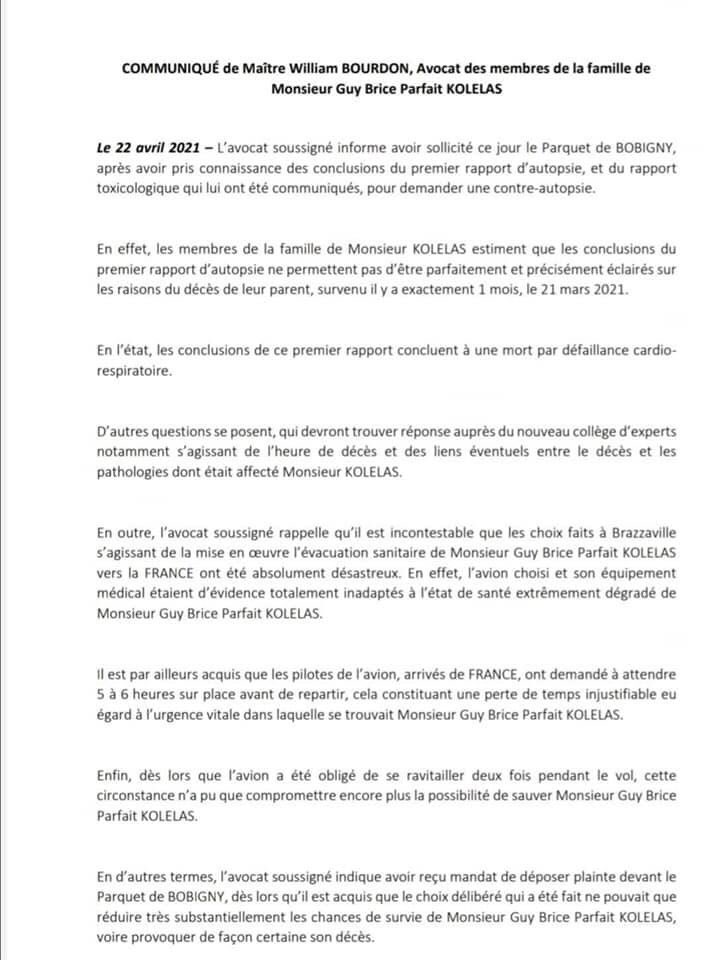 brazzanews's tweet photo. Affaire décès de Parfait KOLELAS🇨🇬: COMMUNIQUÉ de Maître William BOURDON, Avocat des membres de la famille de Monsieur Guy Brice Parfait KOLELAS. #ChezMoiAuCongo https://t.co/C49sTrQ87j