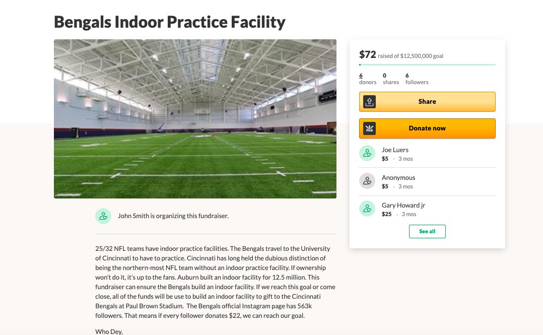 We did not find results for: Bengals Indoor Practice Facility - Will Brinson On Twitter Some Bengals Fans Are Trying To Drum Up 12 5 Million To Build The Team An Indoor Practice Facility Through Go Fund Me Three Months In They Re Not Quite