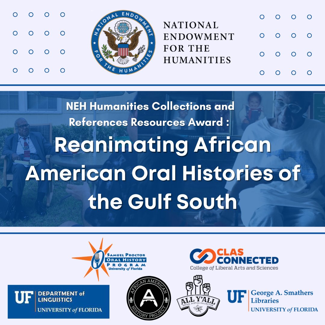 Happy to be awarded $349,990 by the <a href="/NEHgov/">National Endowment for the Humanities</a> with the Department of Linguistics <a href="/UFLinguistics/">UFLinguistics</a>, The Samuel Proctor Oral History Program @SPOHP, and the George A. Smathers Libraries <a href="/uflib/">UF Libraries</a>.