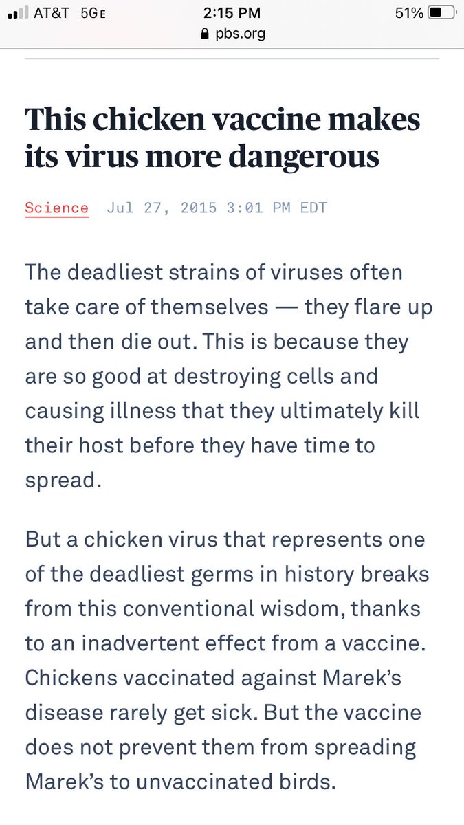 3: Instead, the vaccine seems to have protected them from feeling sick - but not from being thoroughly infected and potentially spreading the virus. THIS IS EVIDENCE FOR A POSSIBLE MAREK’S DISEASE OUTCOME, where vaccinated people spread the virus aggressively to the unvaccinated.