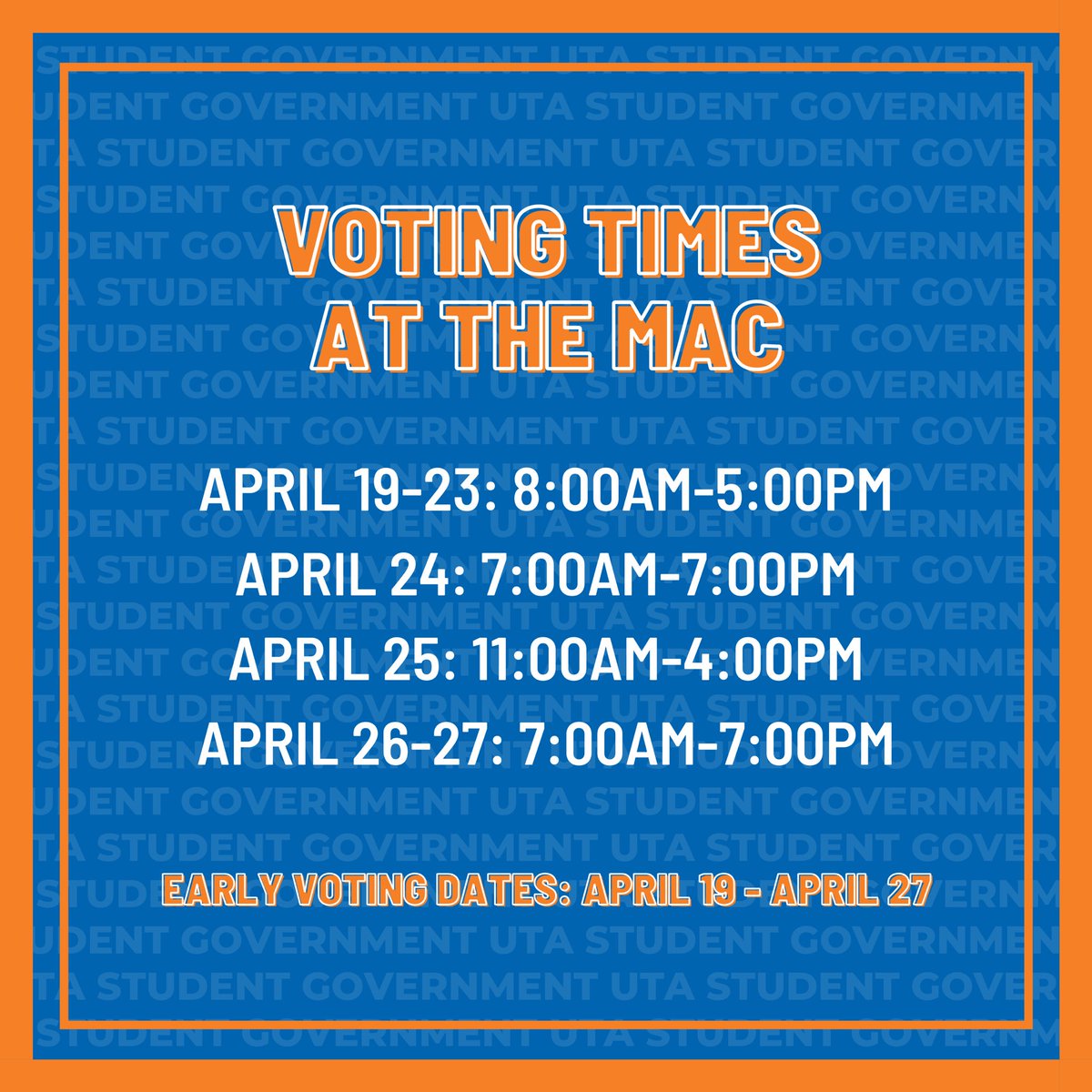 Did you know that you can vote at the MAC? Remember, your vote is your voice! You can vote at the following dates and times:
 
April 19-23: 8:00AM-5:00PM
April 24: 7:00AM-7:00PM
April 25: 11:00AM-4:00PM
April 26-27: 7:00AM-7:00PM

#vote
