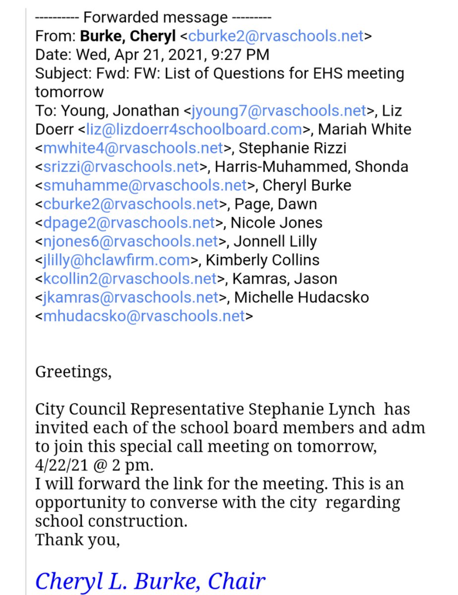 School Board Chairwoman Cheryl Burke says all 9 members of the board were invited to this meeting.Kenya Gibson, who proposed schools take over construction, says she was not invited. Email exchange below seems to confirm. She says she couldn't attend due to timing conflict.