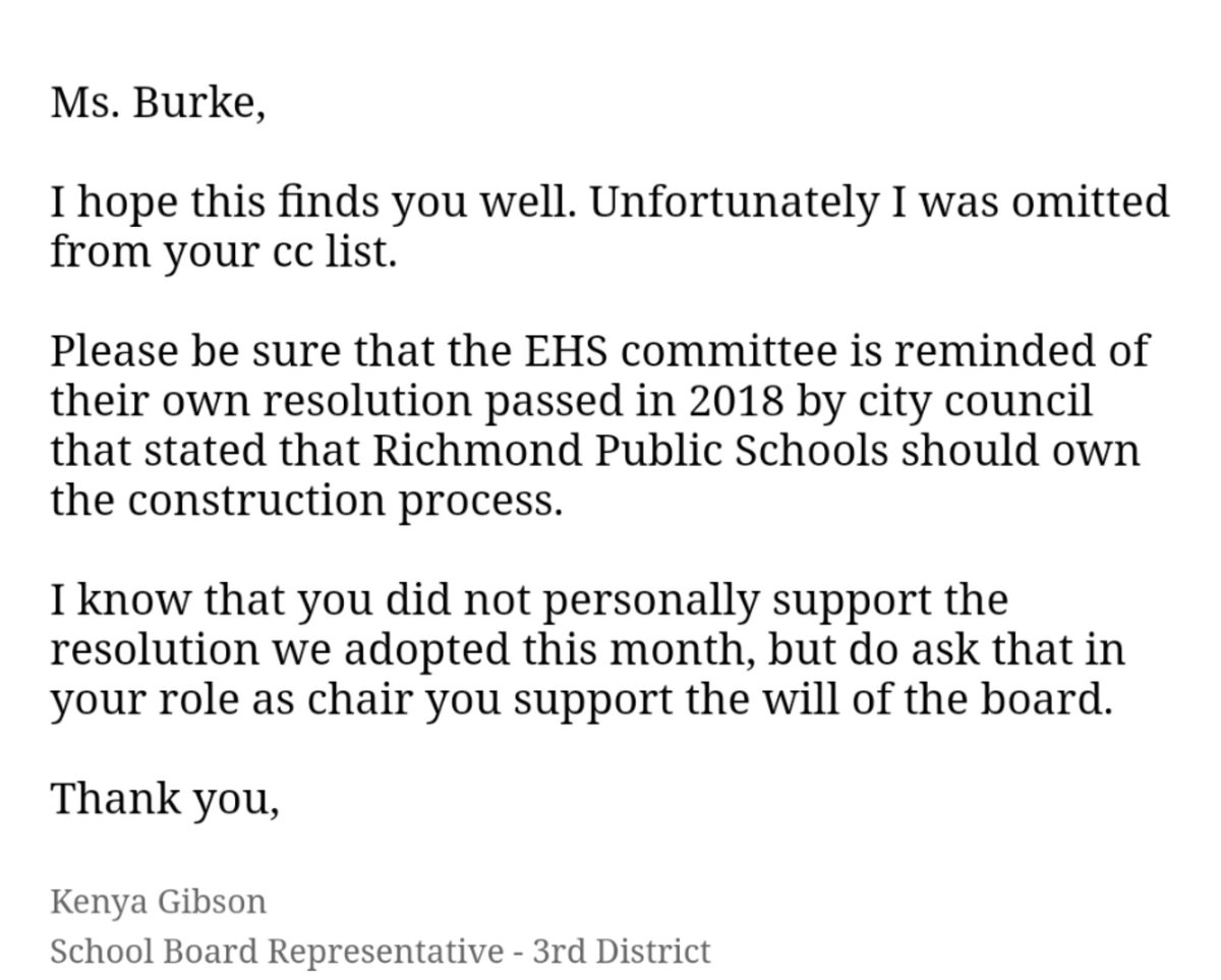 School Board Chairwoman Cheryl Burke says all 9 members of the board were invited to this meeting.Kenya Gibson, who proposed schools take over construction, says she was not invited. Email exchange below seems to confirm. She says she couldn't attend due to timing conflict.