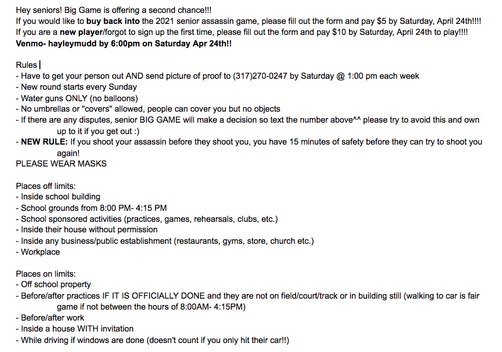 chs2021assassin's tweet image. Hey everyone!! Big Game wants to up the intensity and raise the stakes.. link in bio to BUY BACK IN for next round if you got out🥳 also new rule for next round so read below! Players still in have until Sat @ 1:00 to get their person out!