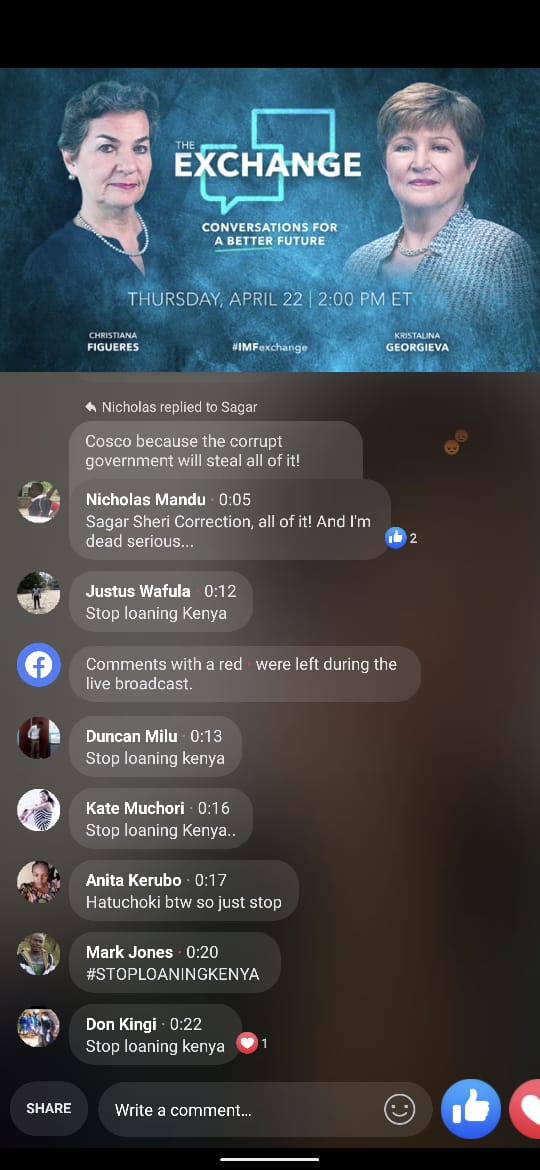 K24Tv's tweet photo. Kenyans flood IMF Facebook Live broadcast with  
'Stop Loaning Kenya' comments. The event Hosted by Kristalina Georgieva the IMF Managing Director on Thursday night, ended after 23minutes. https://t.co/mWOVWU6amr