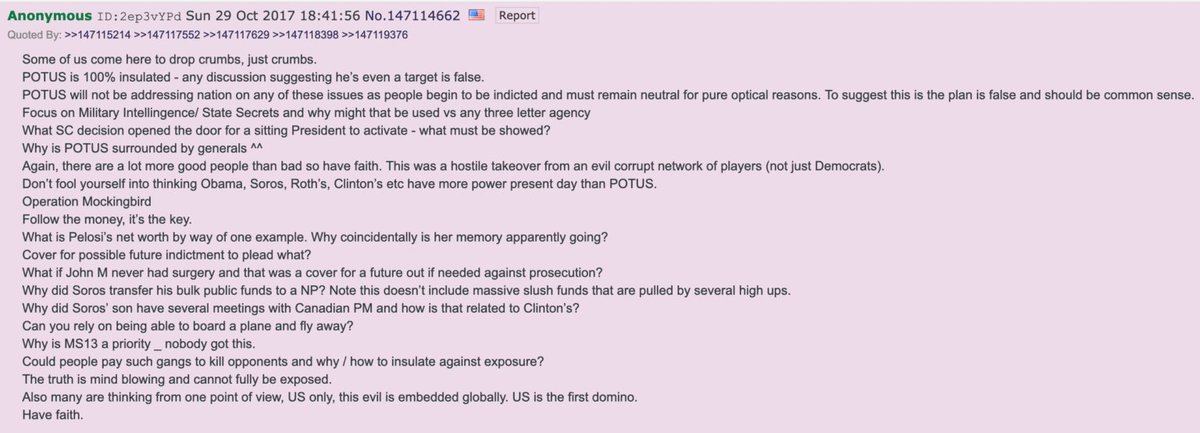 Compare Lost drop A (left) with canonical drop 4 (right). These apocryphal "Q drops" were made shortly after the first verified Q drop, on October 28, 2017. The conspiracy was in its infancy - what would an impostor have to gain?