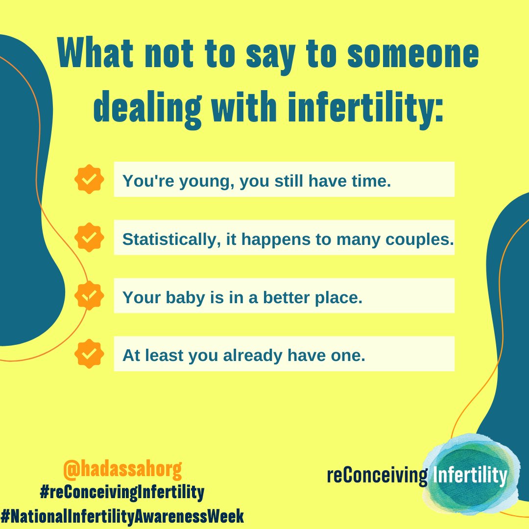 Hadassah's tweet photo. "When are you going to have a baby?" or "Are you pregnant yet?" People ask these questions all the time, everywhere.
But, did you know that these questions may bring more pain to someone who's already hurting?
#niaw2021 #InfertilityWeek #InfertilityWeek2021 https://t.co/sBGteNOwuy
