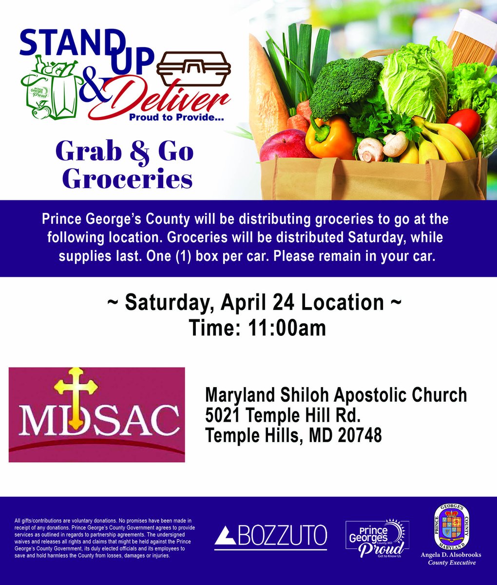 PGCCouncilMedia's tweet image. Through the County’s Stand Up &amp;amp; Deliver program, Prince George’s County will be distributing groceries to go this Saturday, April 24 at 11:00 AM. #PGCCOVID19 #ProudtoProvide