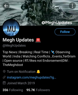 Gullible internet users fall prey to such content by reacting emotionally and sharing content without any verification. Another handle with 90k following disseminated fake news under the guise of the civil war hashtag. Bio depicts that this handle is operated from India.