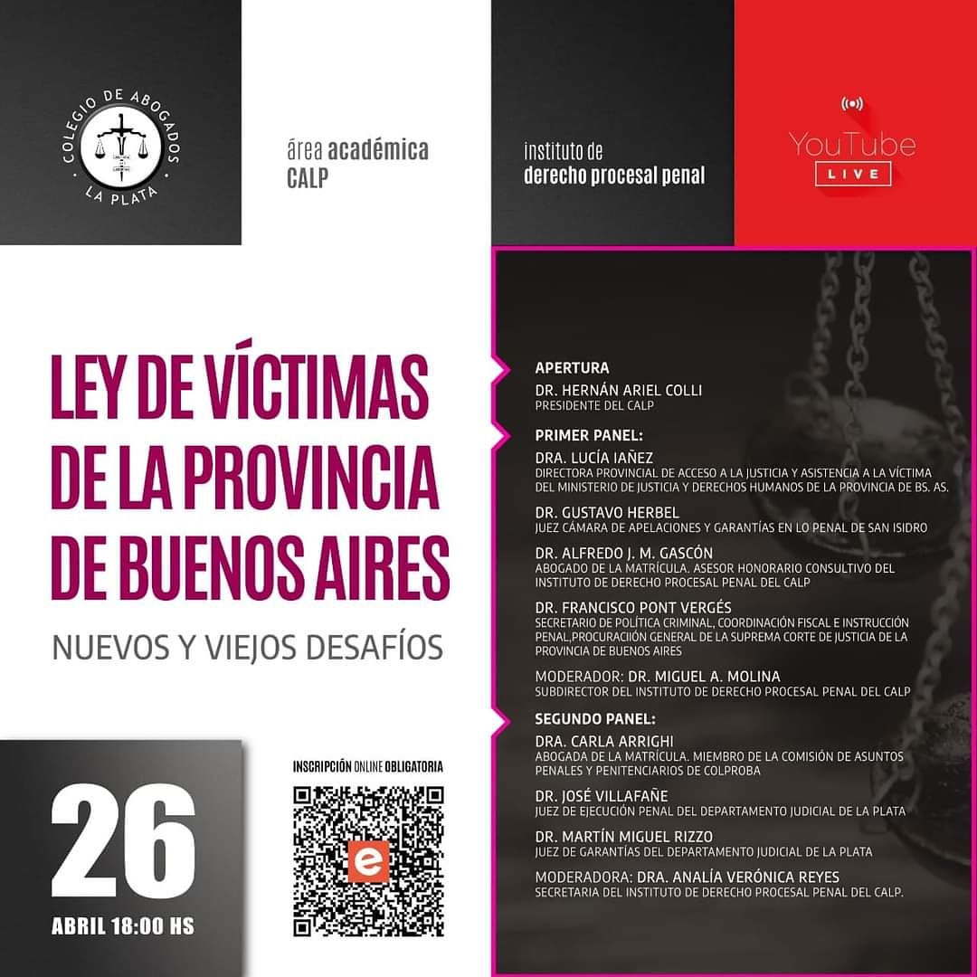 El lunes 26/4, 18 hs, se realizará la jornada denominada "Ley de Víctimas de la Provincia de Buenos Aires. Nuevos y viejos desafíos", organizada X el Instituto de Derecho Procesal Penal del <a href="/calp_oficial/">Colegio de la Abogacía de La Plata</a> @LuciaIaez <a href="/HernanColli/">Hernan Colli</a> <a href="/mikemolina33/">Miguel A Molina</a> <a href="/justiciayddhhBA/">Ministerio Justicia y DDHH</a>
