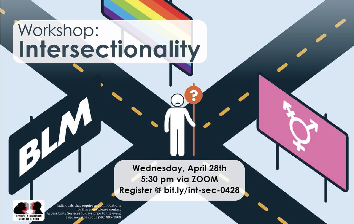 CSUEB_Diversity's tweet photo. Join us ✨NEXT WEEK✨on Wednesday, 4/29, for an Intersectionality Workshop👏🏼
In this workshop participants will investigate the ways our identities intersect with privilege and oppression, and will be introduced to the concept of intersectionality. https://t.co/tv1S4958zq