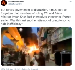 Another example of fake news is the following tweet that claims to show violent protests. While on fact-checking the video is of an accidental fire in a petrol pump near Waris Shah station, Murree road, Rawalpindi. The incident took place in March 2021.