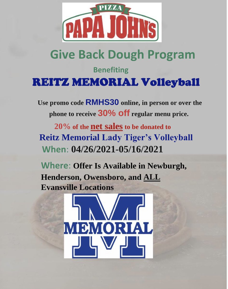 RmhsTigers's tweet photo. Support your Tigers Volleyball program and eat pizza while doing so 🍕 Memorial VB is teaming up with Papa John’s to fundraise for our upcoming season! We appreciate your support for our team! Go Tigers 🐯 https://t.co/eKJj2t6ozS