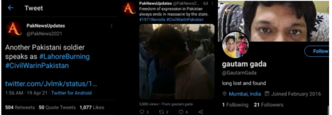 In another instance, a Twitter handle shared a video with the Indian-generated hashtag, with expressions like “freedom of expression”, “massacre by the state” and hashtag 1971 revisits, the video attached belonged to ID ‘gautam gada’ having mentioned Mumbai, India in its location