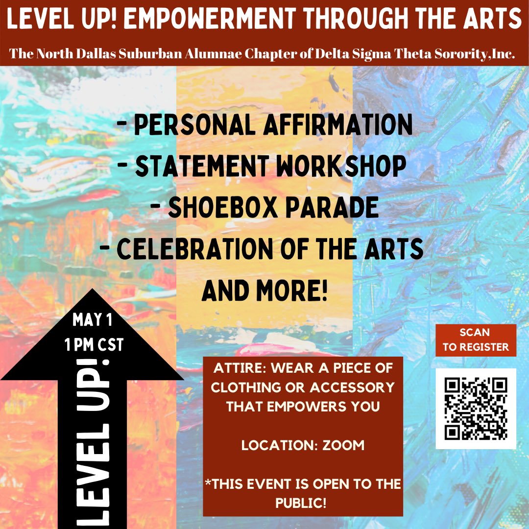 Join us for Level Up! Empowerment Through the Arts on 5/1 at 1pm CST on Zoom. This event is free and open to the public! The event will feature a shoebox parade, personal affirmation workshop, guest speakers and more!
Registration Link: #DST1913 
forms.gle/cShRA5wBfsurxo…