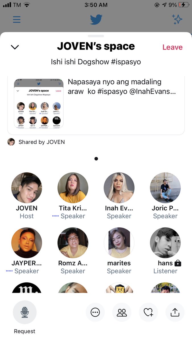 jkennethandeza's tweet photo. Dahil sa space na to nakalimutan ko ang problema ko salamat at napasaya nyo ako @InahEvans @KrissyAchino #ispasyo https://t.co/UUqdFUHsPy