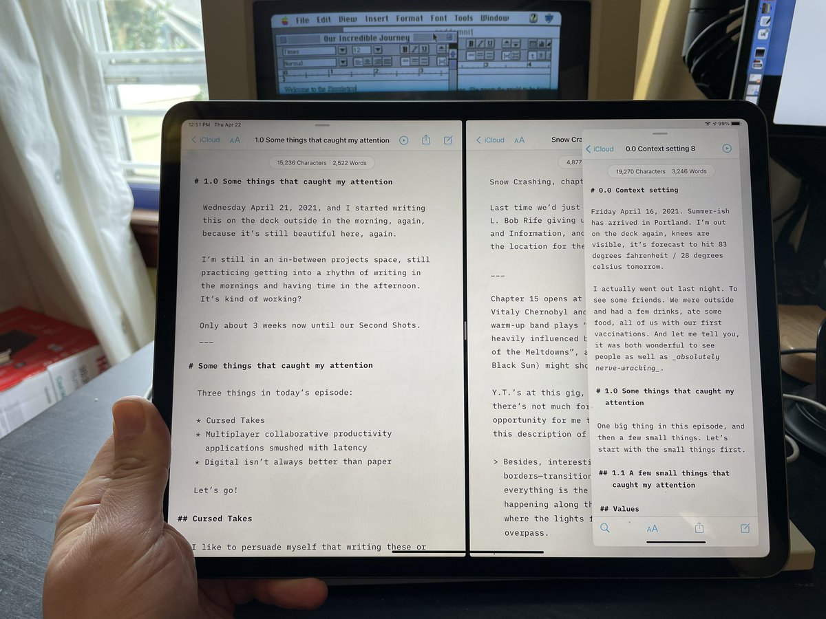 Ok, here’s my 1994-era Mac LC III with 14in monitor on 7.5.5 showing 3 open Word documents compared to 3 open documents in IA Writer (split view and slideover). But for the LC III’s redraw speed...