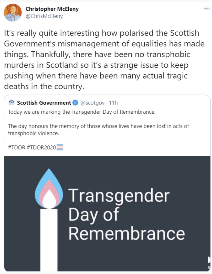 Next up is Chris McEleny, the lead candidate in West Scotland. He has defended conversion therapy when Patrick Harvie called out the Catholic Church being linked to groups & has also implied that trans deaths aren’t tragic.He is a danger to the LGBT community. (3/)
