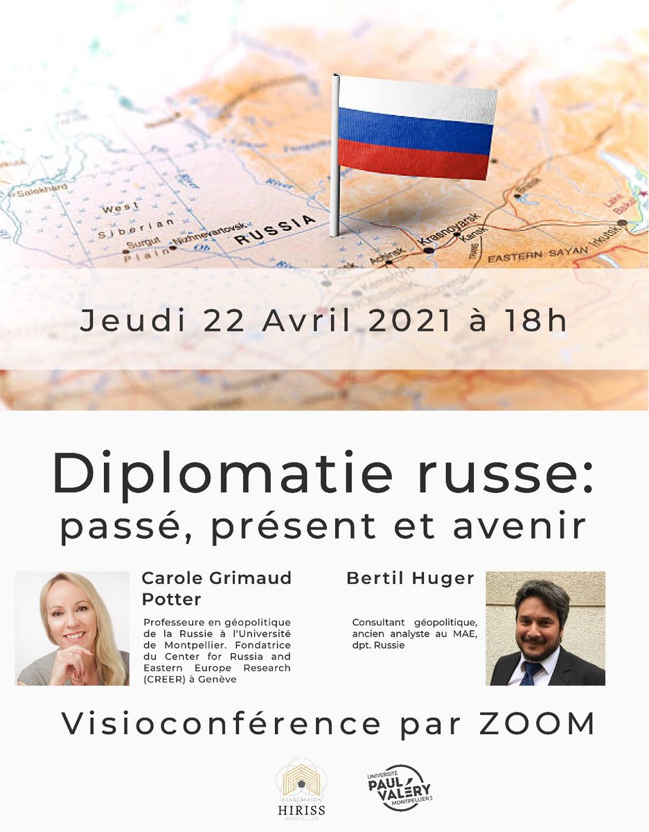📢Chères étudiantes, chers étudiants! L'association HIRISS vous invite à sa 3è 🎙️conférence de l'année sur la 🇷🇺"Diplomatie russe: passé, présent et avenir", animée par les professeurs invités @pottercarole et Bertil Huger