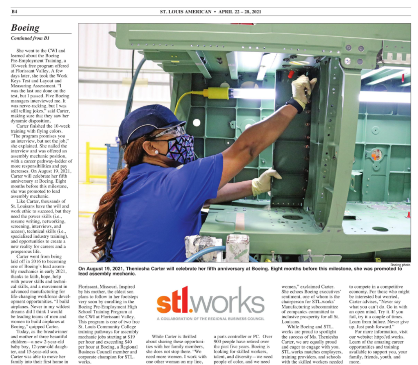 STLworks's tweet photo. Check it out! See #STLworks and @Boeing employee Theniesha Carter in the @StLouisAmerican this week. Theniesha was in need of a change when she found out about the Center for Workforce Innovation (CWI) at @STLCC &amp; never looked back! Read her story here: https://t.co/vA2er4j57Q https://t.co/WdOmkOqAsP