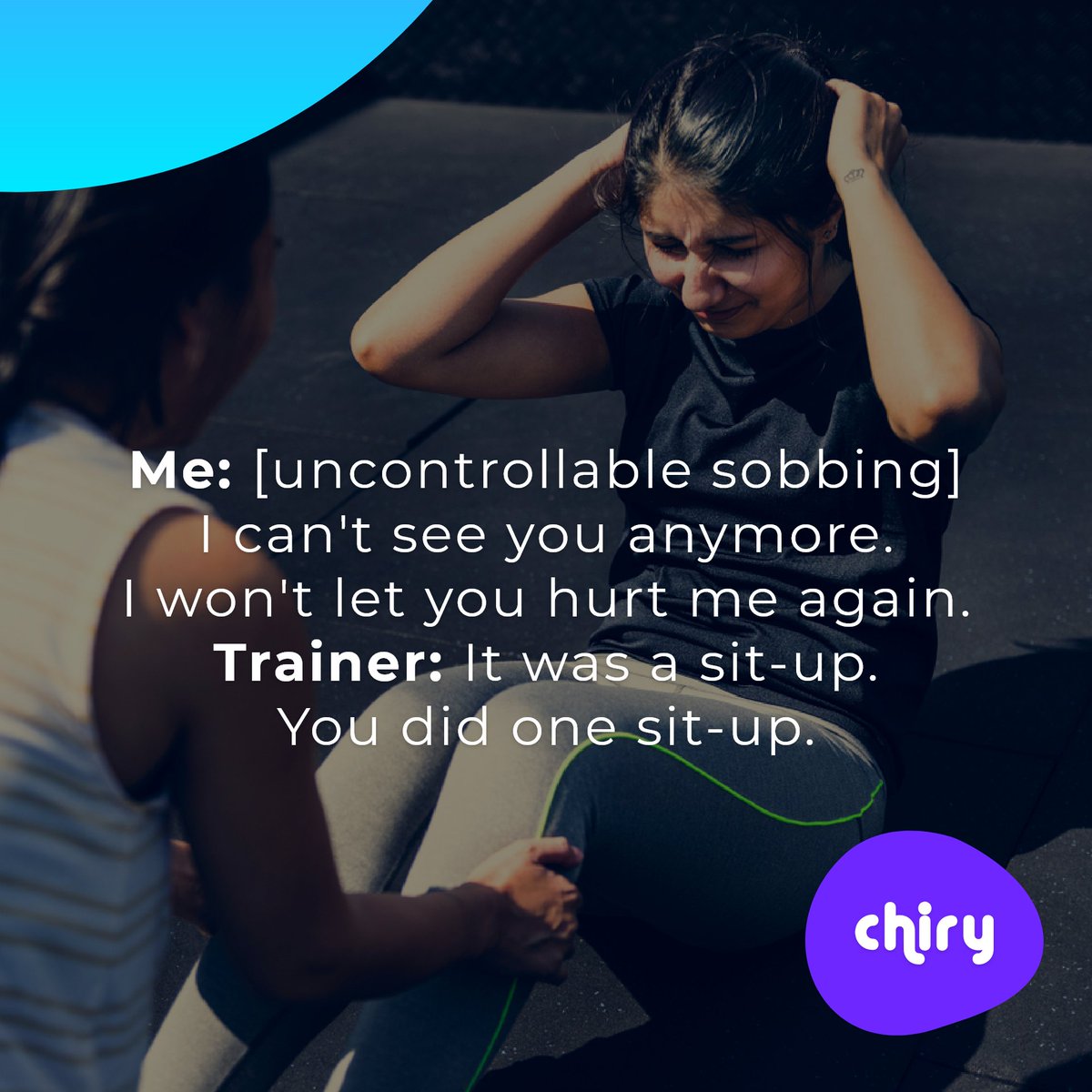chiryapp's tweet image. Only a personal trainer can relate to this!
#chiry #personaltrainer #personaltrainerproblems #trainerslife #situps @situp #bestassistantever #worksmarternotharder #workbetter #worksmarter #remoteservices #oursevices #healthcareprofessionals #healthprofessional #communication