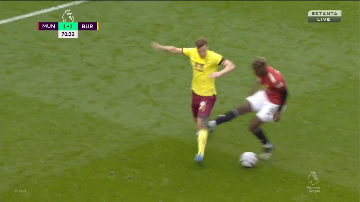 OK. Let's continue.Here, Pogba tries this thing where he sticks one leg out to get it in front of a challenge and then he guards the ball with his body. Here, he's too late and ends up committing a foul.I personally don't like this type of guarding from him. It's too risky.