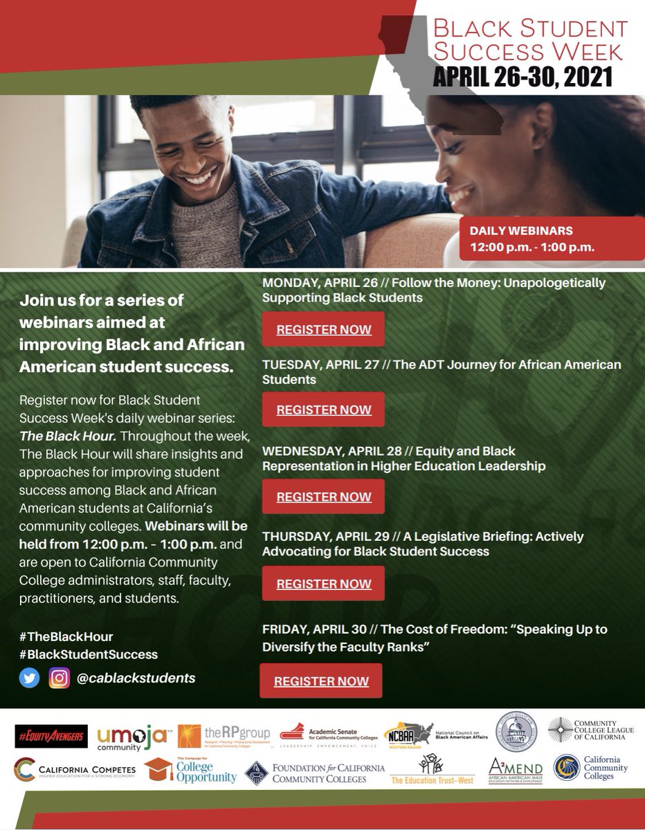 cablackstudents's tweet photo. #BlackStudentSuccessWeek is almost here! Visit https://t.co/KfnUAfzGb1 to register for #TheBlackHour webinars. These webinars will be held daily April 26-30th from 12:00-1:00pm. Join us for important dialogues on furthering #BlackStudentSuccess at @CalCommColleges. https://t.co/DDRJMOFvzb