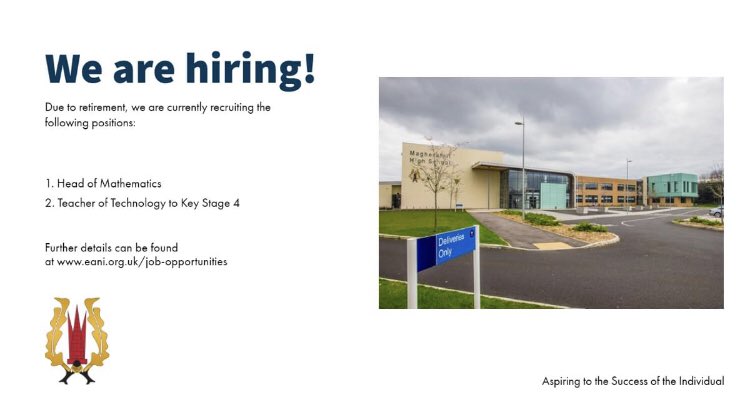 MHS_T&L (@english_mhs) on Twitter photo We are currently recruiting a Head of Maths and a Teacher of Technology to KS4. Further details can be found on the school website or through the EANI job search. We are currently recruiting a Head of Maths and a Teacher of Technology to KS4. Further details can be found on the school website or through the EANI job search.