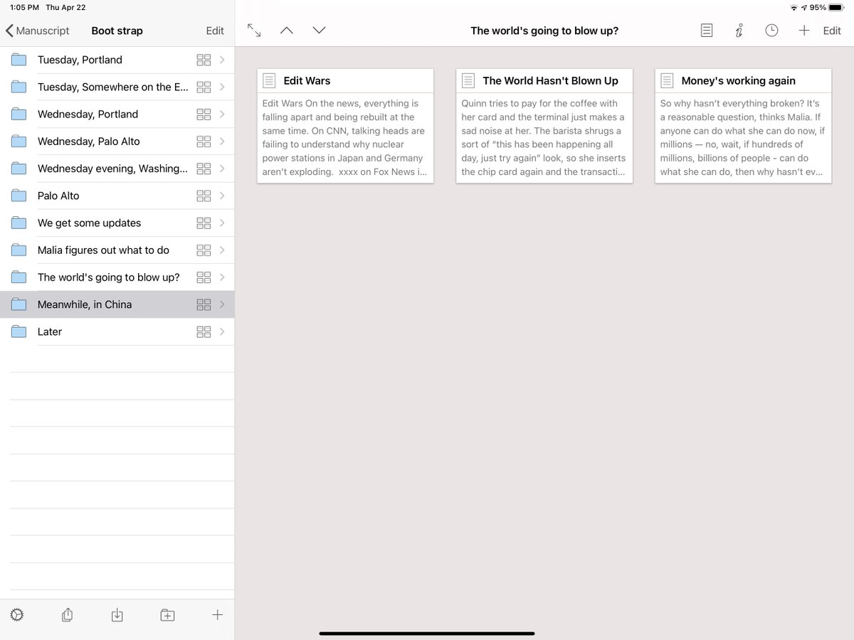 One way The Device Becomes The Thing For The Task might be "What's Scrivener like on iPad"?Scrivener gives you mgmt inside the app, like this - but you can't move the cards around etc or see more. Should Scrivener eg also have a webview/browser *in the app*? (pls ignore novel)