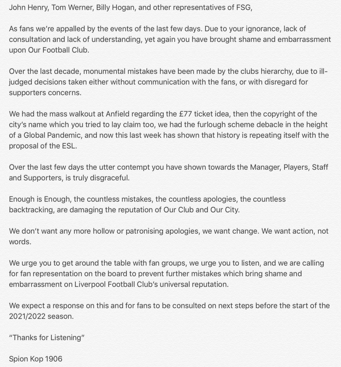 SpionKop1906's tweet image. We have sent this letter to the Liverpool FC board this evening: