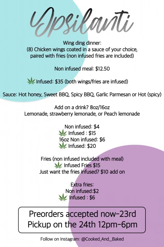 Cooked_AndBaked's tweet photo. Ypsilanti, Michigan!! I will be serving Cannabis infused chicken dinners this week! Place your orders now to lock in a plate π€πΌππ
@Cooked_AndBaked :Twitter
@Cooked_And__Baked : IG
#cannabis #cannabiscook #cook #thcCook #THC #infusef #cannabismeals #Michigan https://t.co/VM9X92s0we