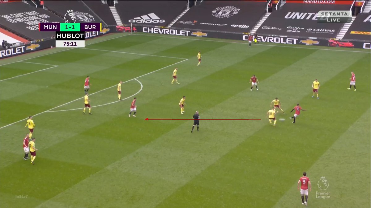 This is really interesting.Pogba has the ball and Cavani comes short but really doesn't move enough. It effectively means the passing lane remains closed but also that Pogba can't drive. So, he breaks the line to Bruno and then just tells Cavani about it.