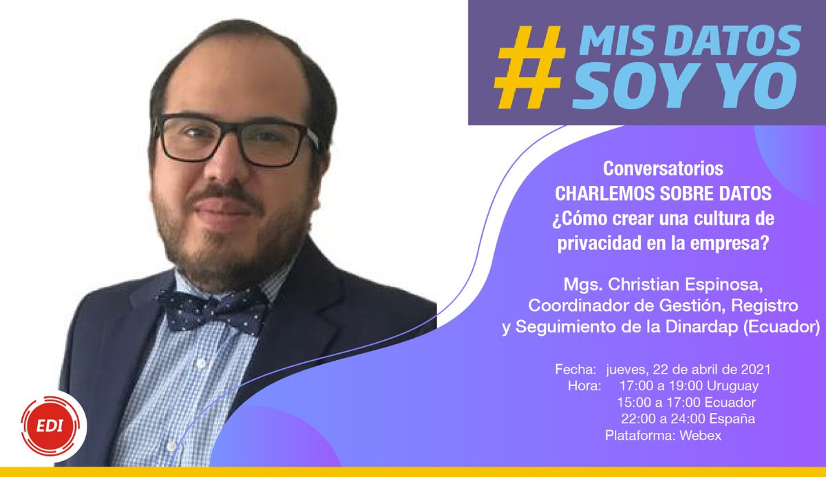 DatosSoy's tweet photo. En el conversatorio participa @EspinosaVelarde, especialista en Derecho de la Ciberseguridad y coordinador de Control, Gestión y Seguimiento de la #Dinardap, junto a expertos en Informática Jurídica y Derecho de Internet. #MisDatosSoyYo https://t.co/MlnUhRZah9
