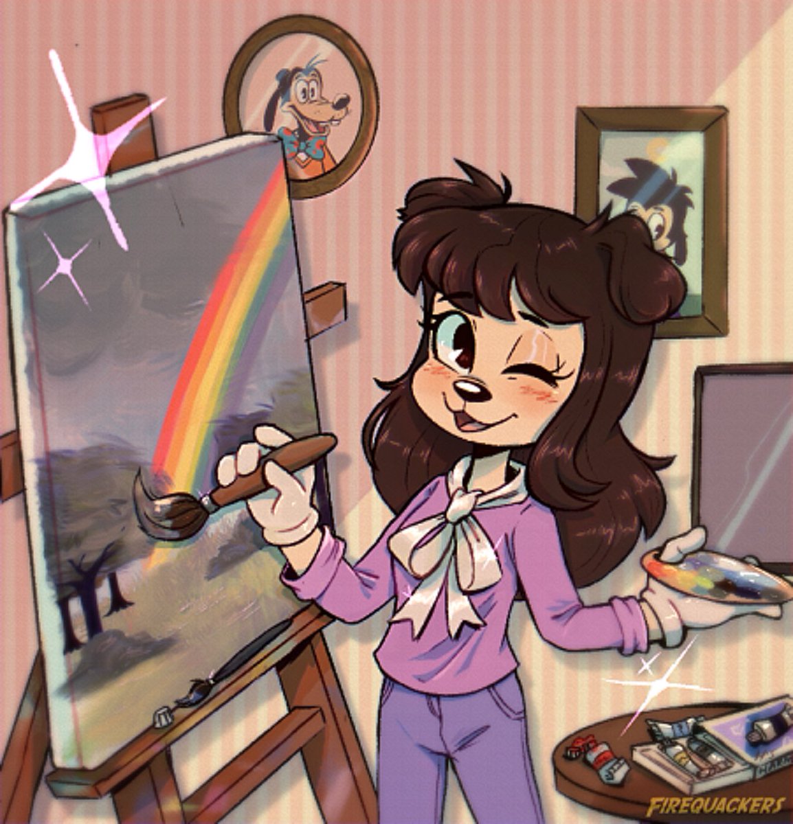 On continue sur les dessins de Harmonie seule dans Goof Troop ! Les gens la dessinent souvent en train de peindre ça me fait trop plaisir !!Artistes : @/procelarumeque @/scribble_hearts14 @/FireQuackers et @/themagicofvy