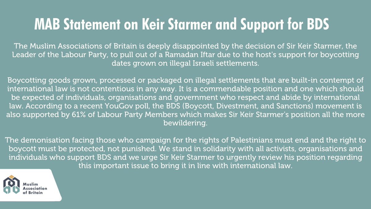 MABOnline1's tweet photo. Our statement on @Keir_Starmer pulling out of a Ramadan Iftar due to the host’s support for boycotting dates grown on illegal Israeli settlements.

The demonisation facing those who campaign for the rights of Palestinians must end and the right to boycott must be protected. https://t.co/lrT4J3BxIi