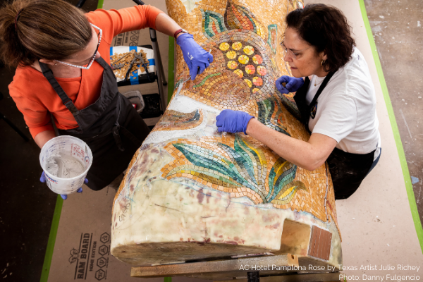 DTFortWorth's tweet photo. A boot-iful addition to the AC Hotel Fort Worth! This mosaic sculpture created by Julie Richey, a local Texas artist, was inspired by the original stitch patterns of M.L. Leddy's boots. Come check it out! 📍 101 W 5th St. https://t.co/ng3GNrweLj