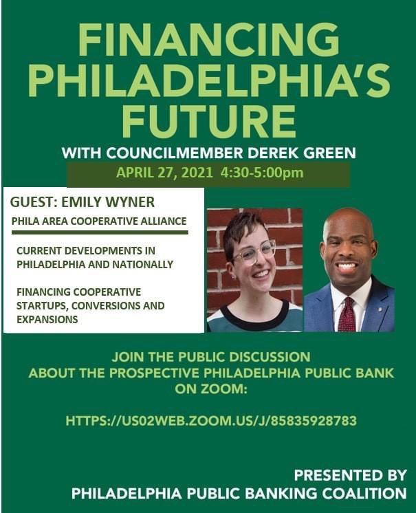 DerekGreenPHL's tweet photo. Stay updated on the latest news regarding the establishment of a public bank in Philadelphia. Join me, along with @BankPhilly @Philly_NN for a conversation with Emily Wyner of @PhillyCoops this Tues. 4/27, 4:30pm to learn how a public bank can benefit the co-op movement. https://t.co/BmeAnI6RU9