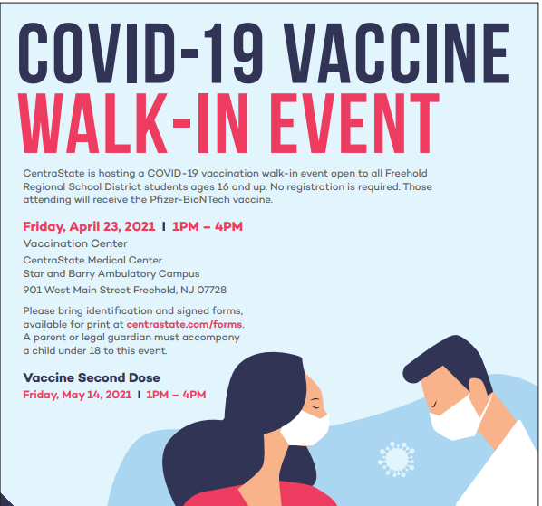Freehold Township High School, NJ (Principal) (@akscelso) on Twitter photo CentraState is hosting a COVID-19 vaccination walk-in event tomorrow, 4/23; 1-4pm. Event open to all FRHSD students ages16 & up. No reg required. Under 18=must be accompanied by a parent/legal guard. <a href="/DrSDow_FTHS/">FTHS AP</a> <a href="/TownshipScores/">Township Scores</a> <a href="/FthsGuidance/">FTHSGuidance</a> @LRecktenwald #theregional @FRHSDSup CentraState is hosting a COVID-19 vaccination walk-in event tomorrow, 4/23; 1-4pm. Event open to all FRHSD students ages16 & up. No reg required. Under 18=must be accompanied by a parent/legal guard. <a href="/DrSDow_FTHS/">FTHS AP</a> <a href="/TownshipScores/">Township Scores</a> <a href="/FthsGuidance/">FTHSGuidance</a> @LRecktenwald #theregional @FRHSDSup