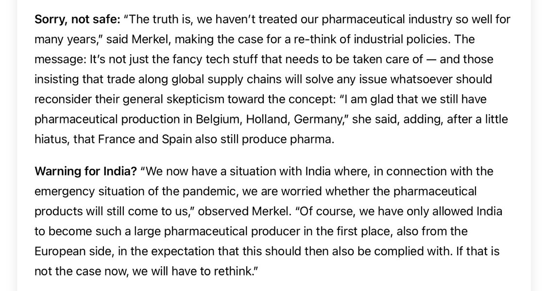 Angela Merkel’s statement that Germany/West ‘allowed’ India to become a large pharmaceutical producer is extremely unfortunate and shortsighted. India is a rising power of 1.3 billion people who are hardworking and have aspirations. Merkel should have known better.  @CDUMerkel