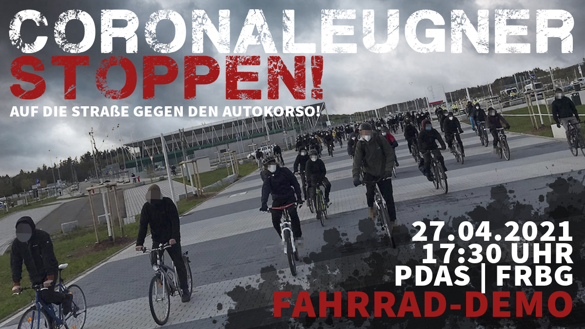 ⚠️📢🚲 #Freiburg! Die letzten Wochen haben gezeigt, wie wichtig es ist, die Coronaleugner:innen zu stoppen. Dienstag ist deren #Autokorso wieder unterwegs!

Um 17:30 Uhr treffen wir uns am PdaS zur sicheren Anreise per Rad. Bleibt dran für weitere Updates. #fr2704 #FahrradAntifa