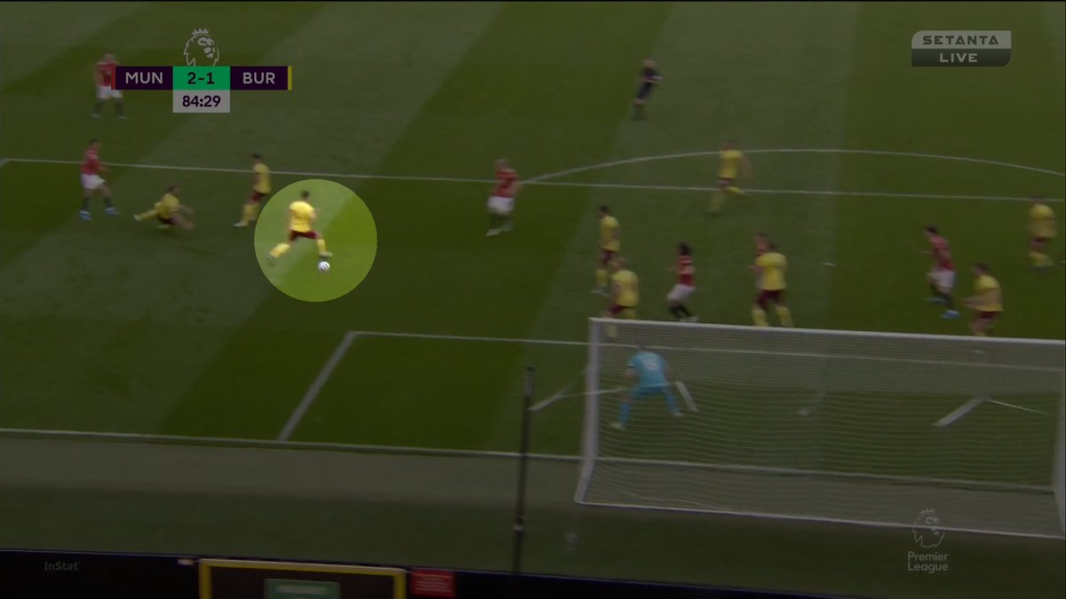 The BUR defender is in a great position to block Mason's shot. However Donny makes this run and the defender spots it. He has a doubt whether Mason will pass and ends up switching onto Donny. It's that movement the defender makes that results in the deflection.The small things!