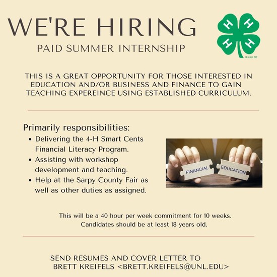 Come join the Team! The Douglas-Sarpy 4-H program is looking for an intern this summer! Get valuable experience in teaching in informal settings with established curriculum! Great for aspiring teachers!