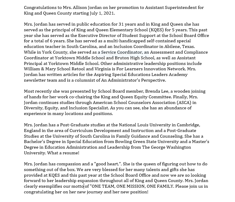KingandQueenCo5's tweet photo. Congratulations to Mrs. Allison Jordan on her promotion to Assistant Superintendent for King and Queen County starting July 1, 2021. #OneTeamOneMissionOneFamily
@cbcarterkandq @Ajordan04 https://t.co/uiy7Ucq6vx
