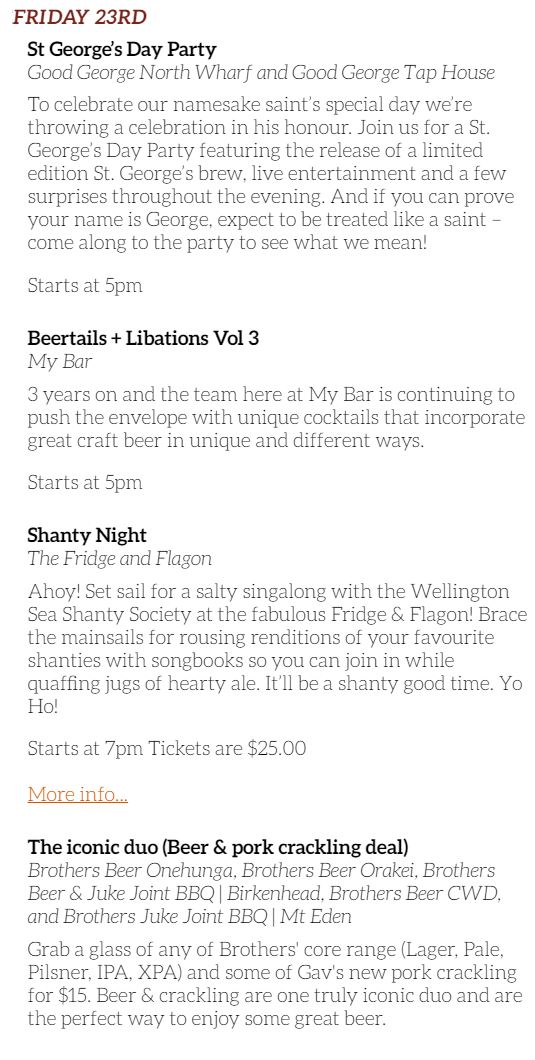 The Birdcage Tavern are celebrating the end of the week with Urbanaut and Wellington Sea Shanty Society are at The Fridge &amp; Flagon.

Then of course we have the mighty McLeod's Brewery at the mighty Galbraith's Alehouse with Cazador for beast night.