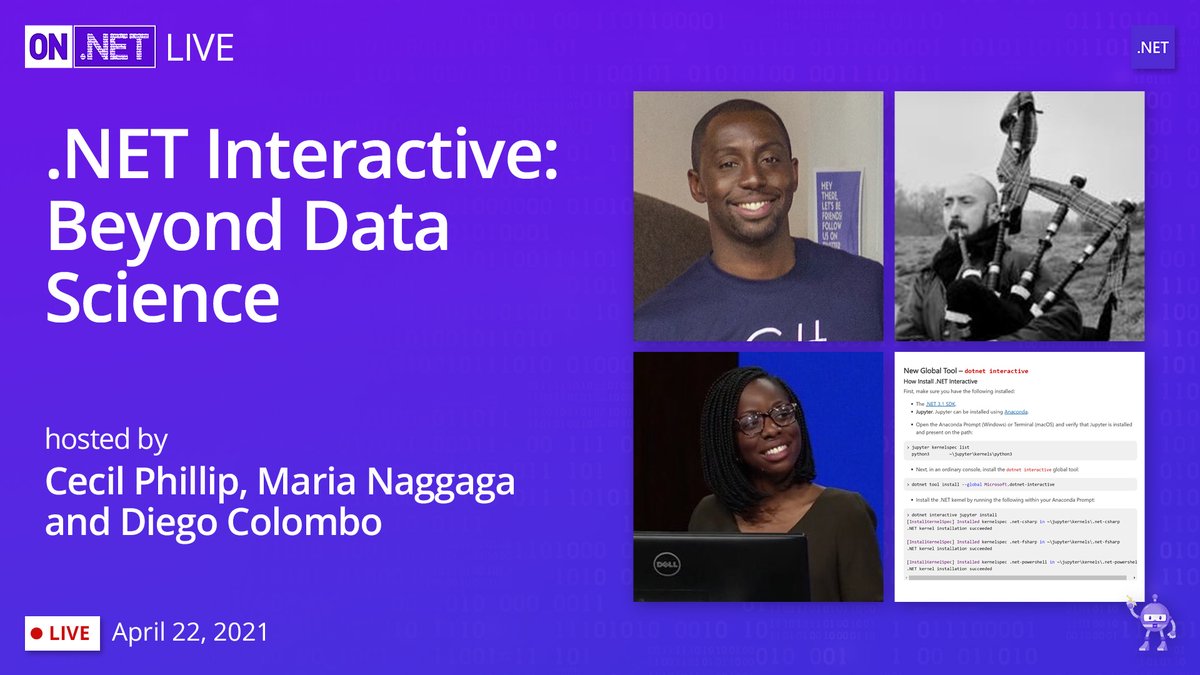 cecilphillip's tweet image. Going live with @colombod &amp;amp; @LadyNaggaga in just a few minutes to chat about .NET Interactive, data science and so much more! 🔥

youtube.com/watch?v=31Qnmq…
#dotnet #datascience