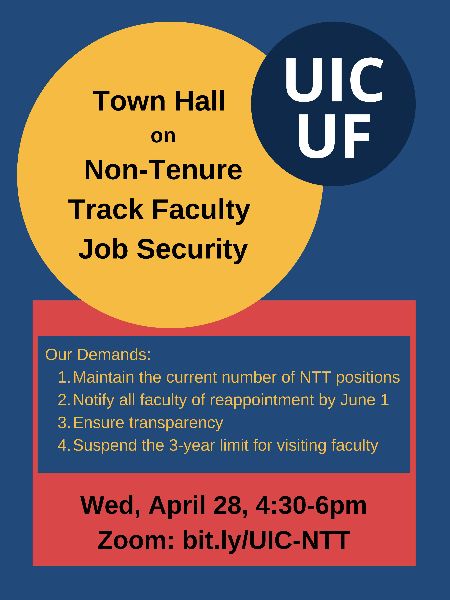 UICUF's tweet photo. #NTT Job Security Town Hall: All TT and NTT faculty, and students, are encouraged to join us for our NTT Job Security Town Hall 4/28, from 4:30-6pm.
#SupportNTTfaculty #UICWorksBecauseWeDo https://t.co/W7vnArzUZ4