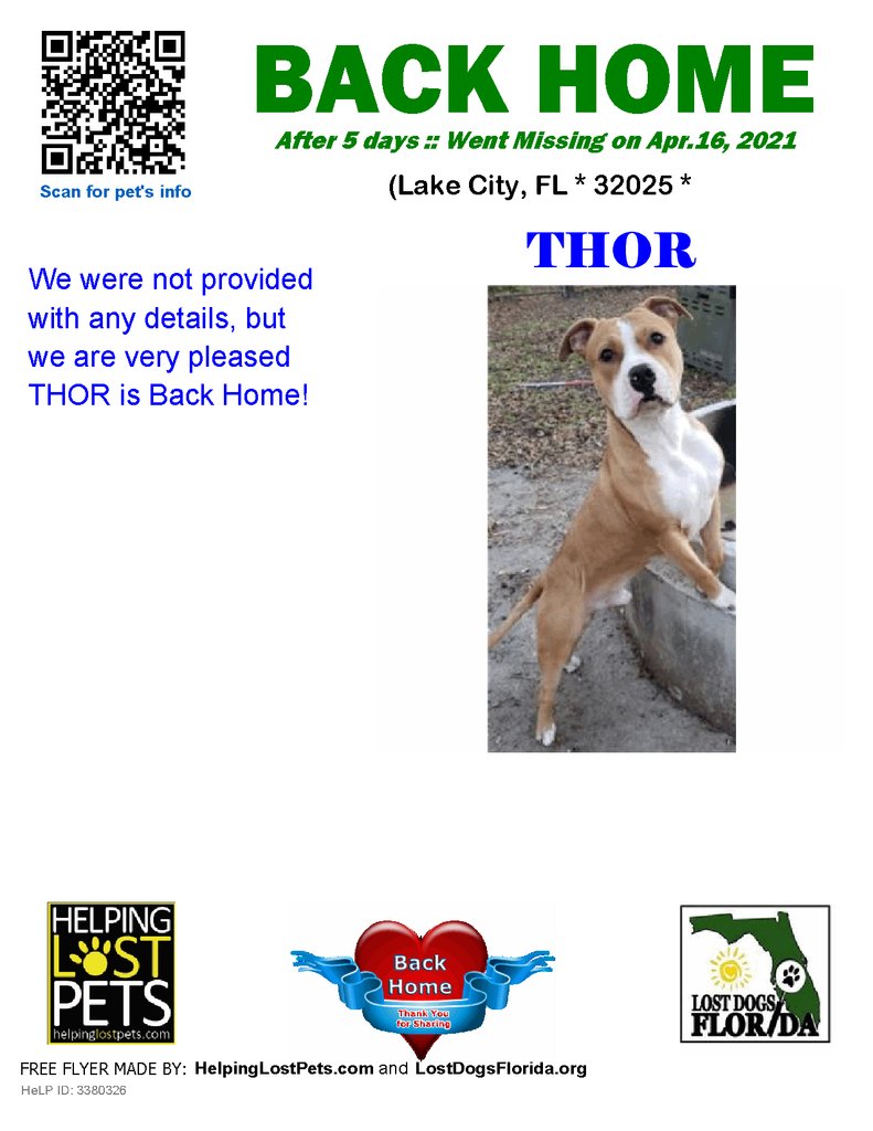 #BackHome ~ #LakeCity

Length of time lost: 5 days

Welcome home, Thor!
 
#LostDogsFlorida #HelpingLostPets https://t.co/LU8Kl2ARi9