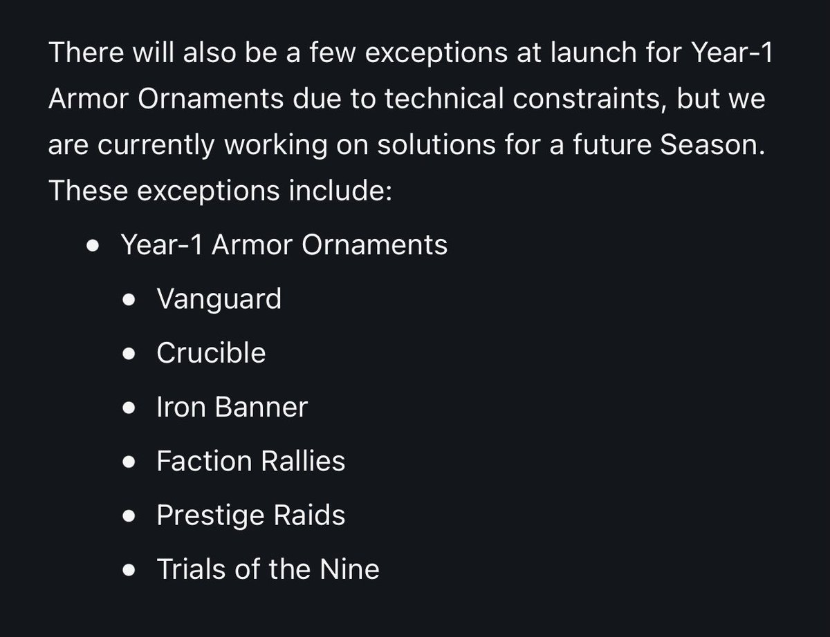 Efrideet_XII's tweet photo. @A_dmg04 Having to wait until Witch Queen or even longer to use transmog (ornaments I actually care about using) is a huge feelsbad 😴 https://t.co/YDK2RPnjmf