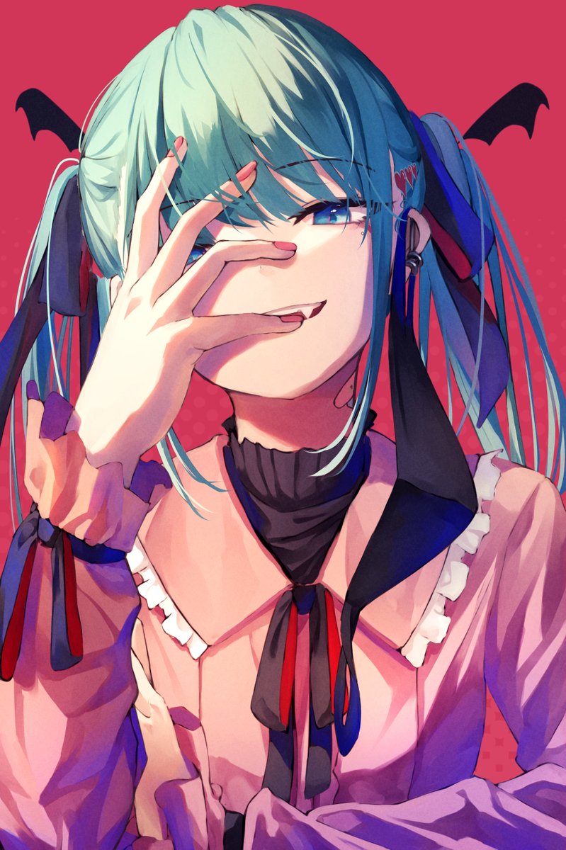 hatsune miku 1girl solo twintails jirai kei red background ribbon looking at viewer  illustration images