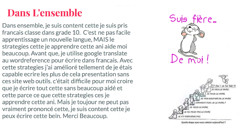 FLE A1 / A2 Valoriser les élèves et ils seront fiers de leurs efforts ! La fin du quadrimestre = la réflexion + les conversations culminantes du cours. Une conversation individuelle avec chaque élève dans le cours dans la langue cible !